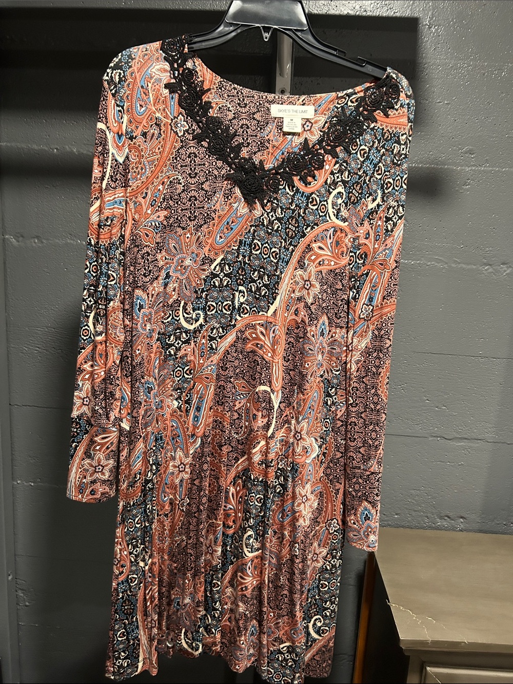 LOFT Paisley V-Neck Long Sleeve Dress in Rust, Blue & Cream